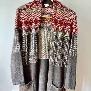 Women J.Jill Long Cardigan Coat XL Dark Gray with Red/White Details Fall/Winter
